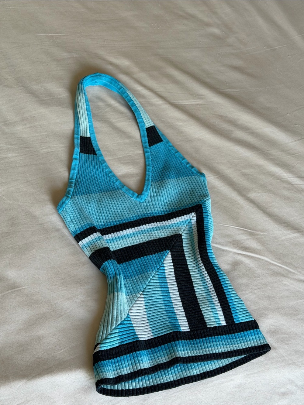 Y2K Blue Striped Ribbed Halter Top XS/S Vintage Style